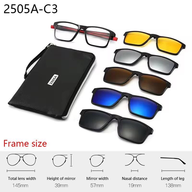 6 In 1 Spectacle Frame With 5 PCS Clip On Black Polarized Sunglasses Magnetic Telescopic Leg Glasses Male Computer Optical