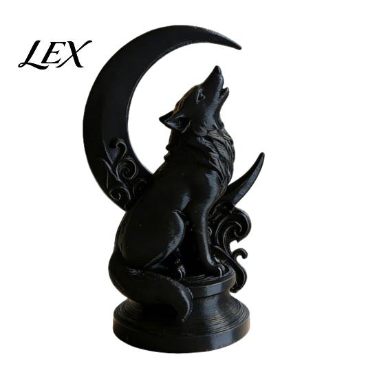 Matte Black Wolf Figurine 3D Printed Howling Sculpture with Crescent Moon Base, High-density PLA Finish Collector Art, Gothic Statue for Bookshelf