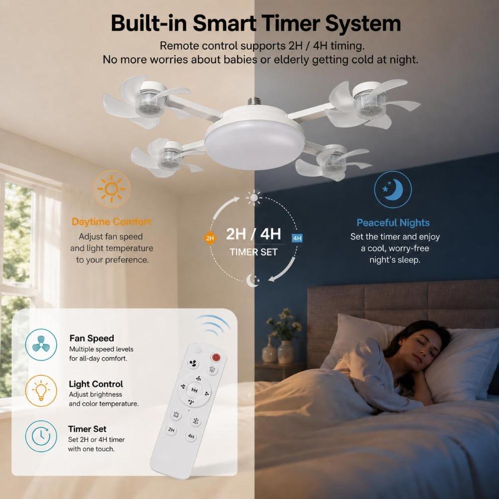 2-in-1 lamp fan light, spiral ceiling fan with controller (3 heads) | LED ceiling fan with foldable blades, 3 color temperatures, quiet breeze, 1 unit