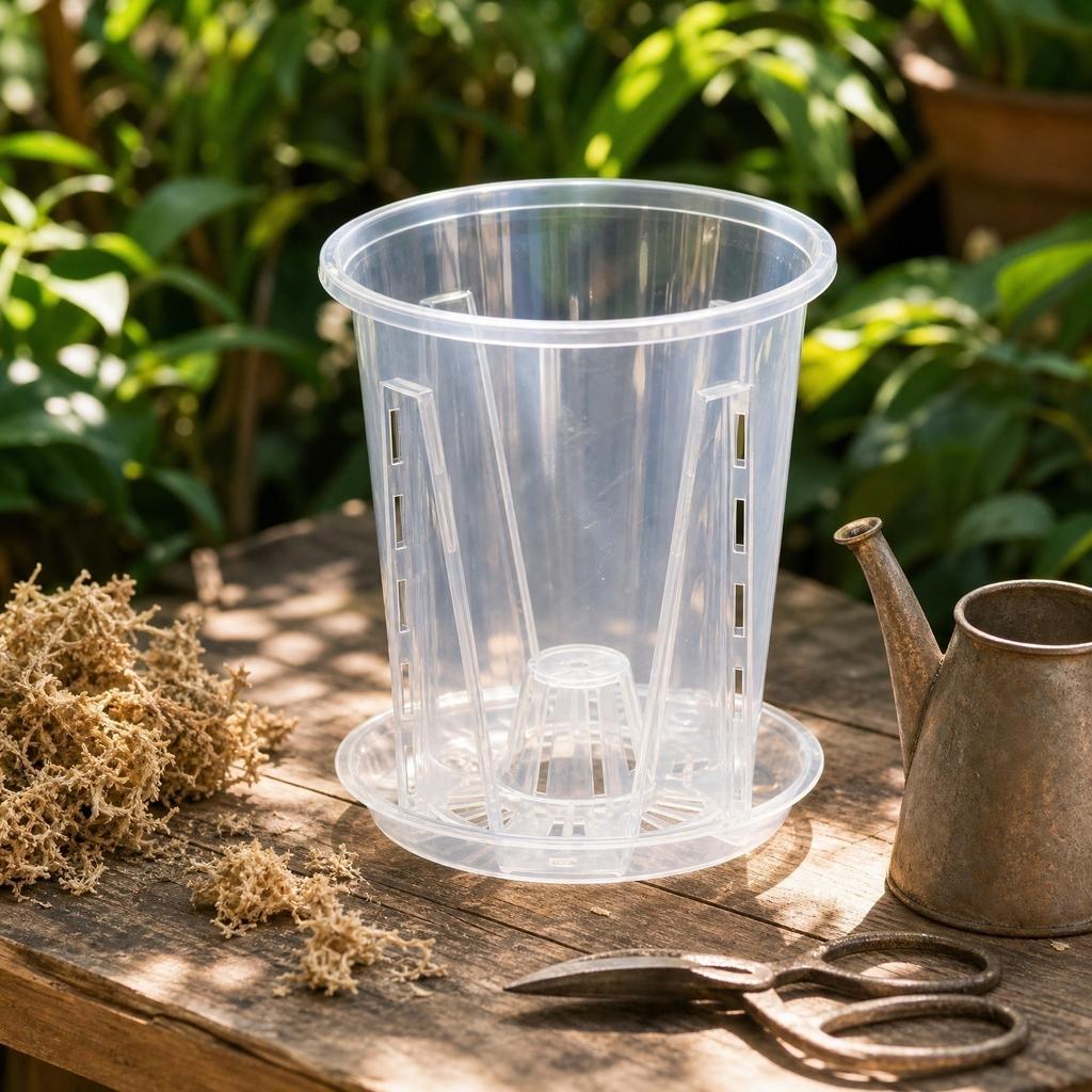Transparent Plastic Orchid Pot with Drainage Holes and Tray Root Control Pot for Moss Plants Visible Root Growth and Air Circulation 14cm Diameter
