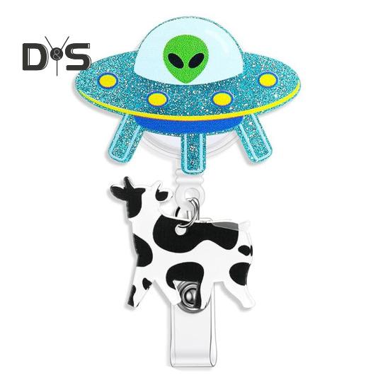 

Забавный держатель для бейджа с катушкой, легко вытягиваемая пряжка, дизайн в виде инопланетной коровы, вращающийся на 360 градусов, выдвижной зажим для удостоверения личности, поднимающий настроение синий