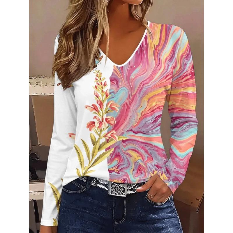 Autumn Women's 3D Printed V-Neck Long Sleeve T-Shirt