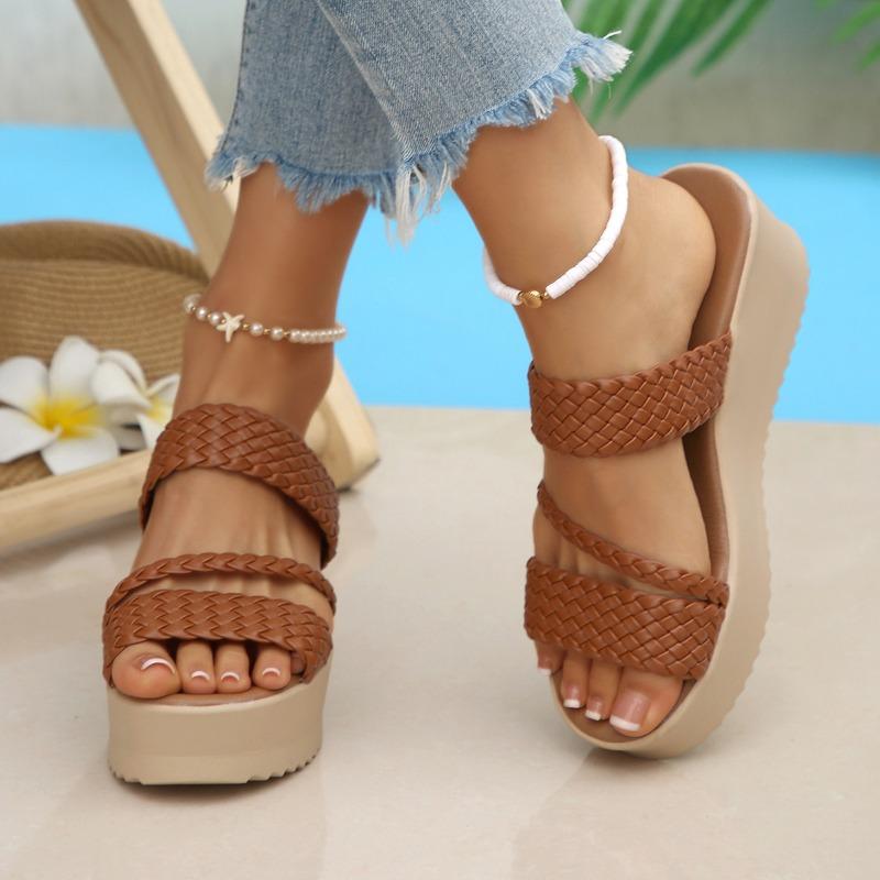 Women's Summer Wedge Thick-Soled Woven Platform Slide Sandals With Ankle Strap.