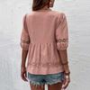 Women Casual Summer Short Sleeve V Neck Blouse Shirt Pink Cotton Linen