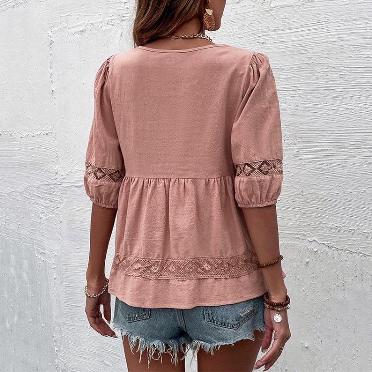 Women Casual Summer Short Sleeve V Neck Blouse Shirt Pink Cotton Linen