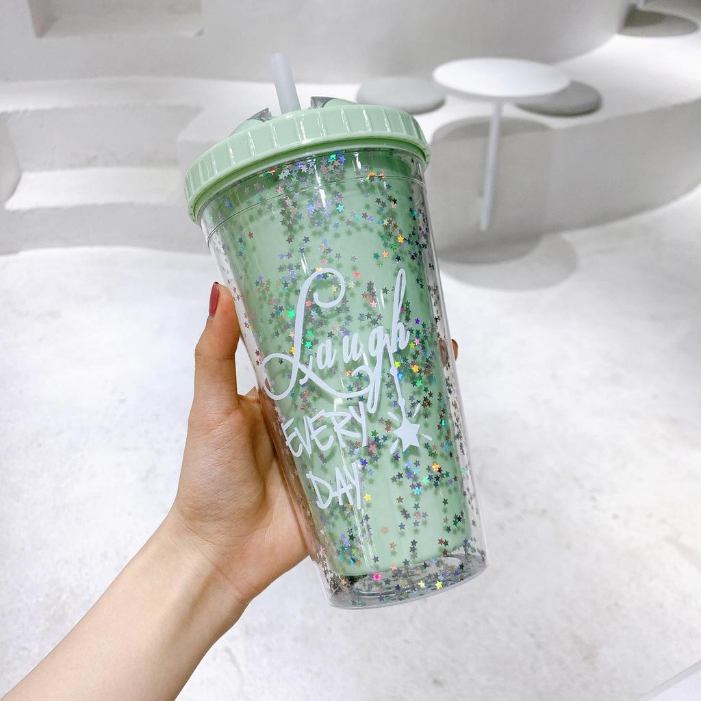 Korean Double-Layer Plastic Cup with Straw - Ideal for Breakfast, Juice, Milk, Home, or Office Use