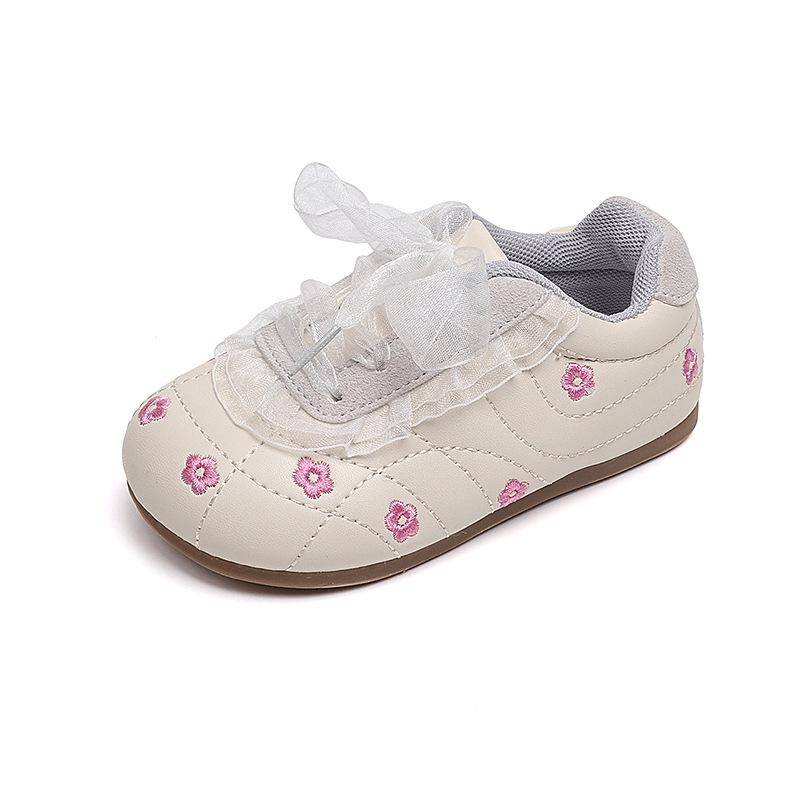 Girls' Korean Version of Casual Embroidery Flower Sports Shoes 2025 Spring and Autumn New Versatile German Training Shoes Non-slip White Shoes Tide