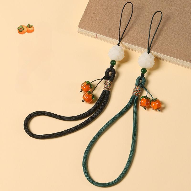 1Pc Persimmon Ruyi Mobile Phone Pendant Short Wrist Lanyard Men's and Women's Glazed Persimmon Pendant Keychain Anti-lost Rope Accessories