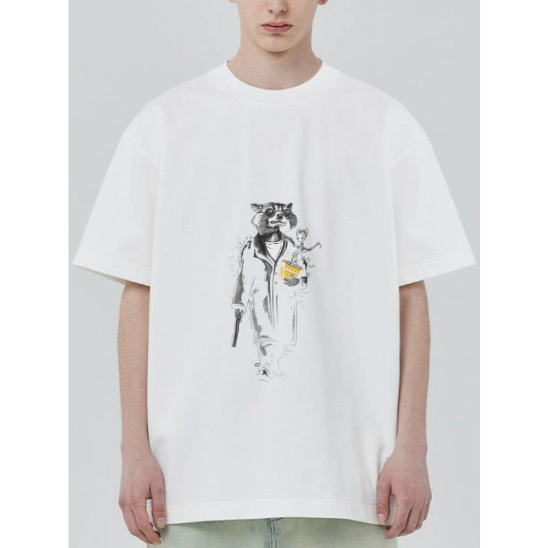 Black T Shirt with Raccoon In Suit Holding Cup and Gun Print for Casual Wear