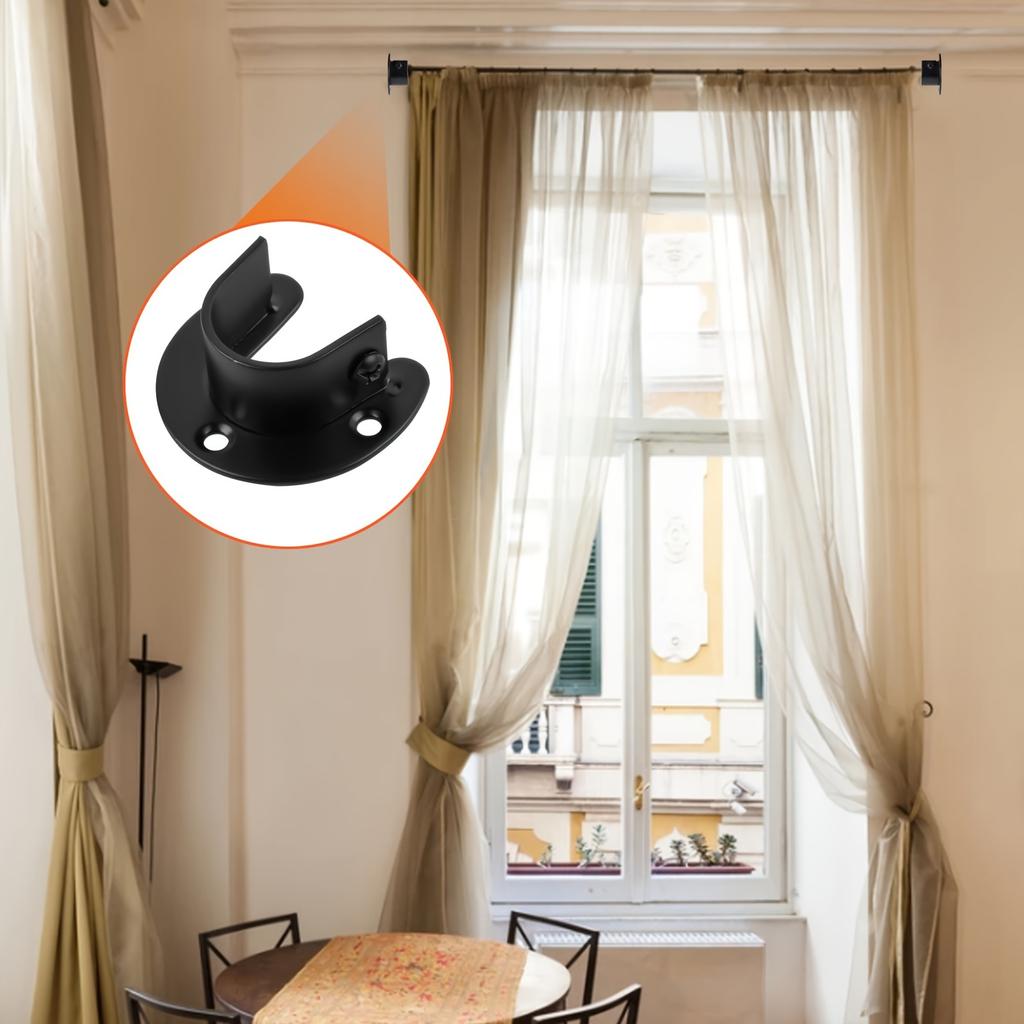 [Steel Bracket]4pcs Stainless Steel U Shape Closet Rod Bracket | 25mm, Black, for Closet Pole Sockets, Wardrobe Rail End Supports, Curtain Rail Holder