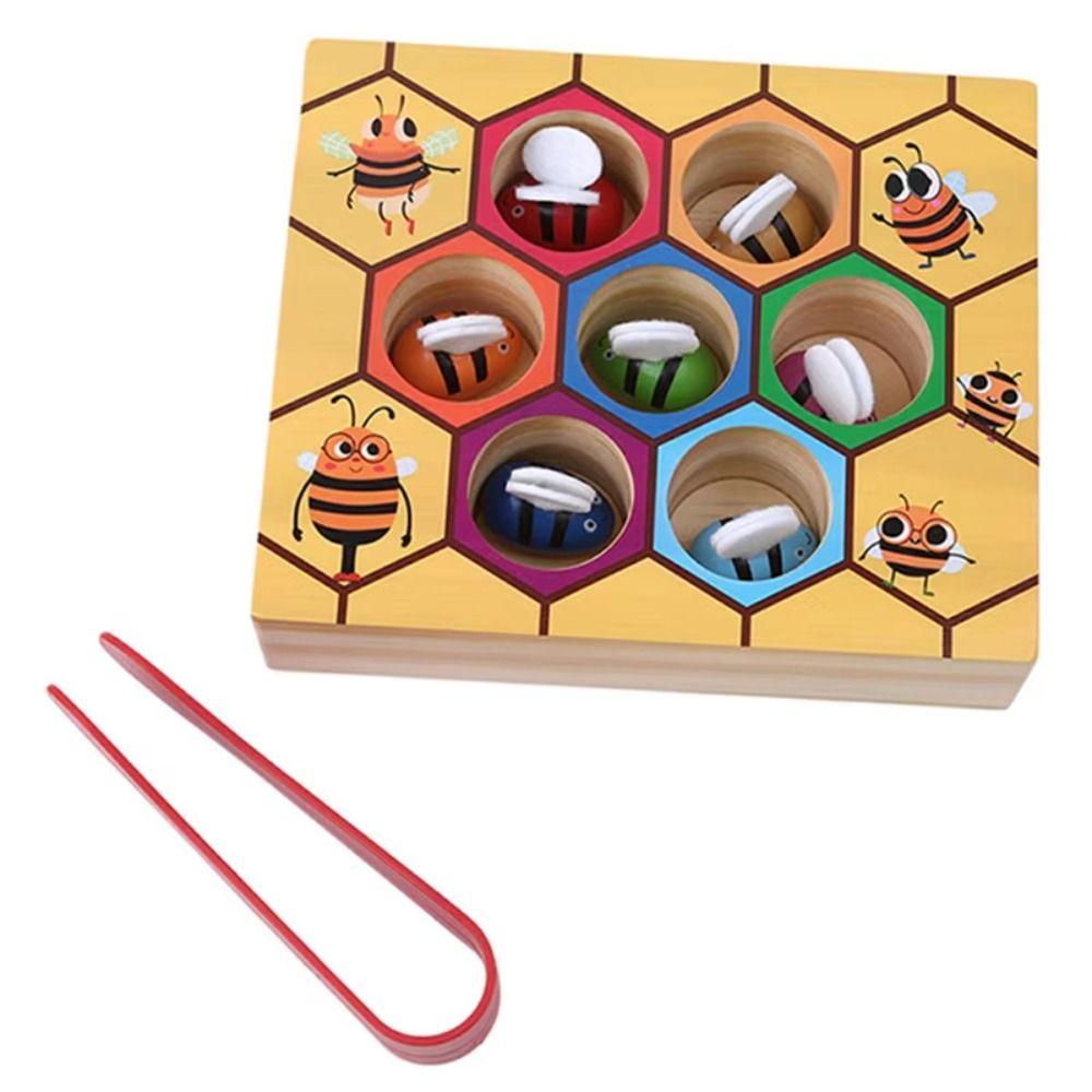 Wooden Early Education Beehive Game Color Sorting Clamp Bee To Hive Toy  Color Cognition