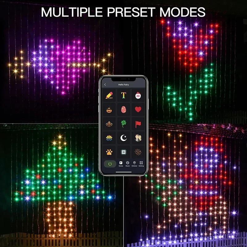 RGB Curtain String Lights Music Sync Text Display Fairy Light 256 LED App Controlled DIY Christmas Curtain Light Wall Room Decor