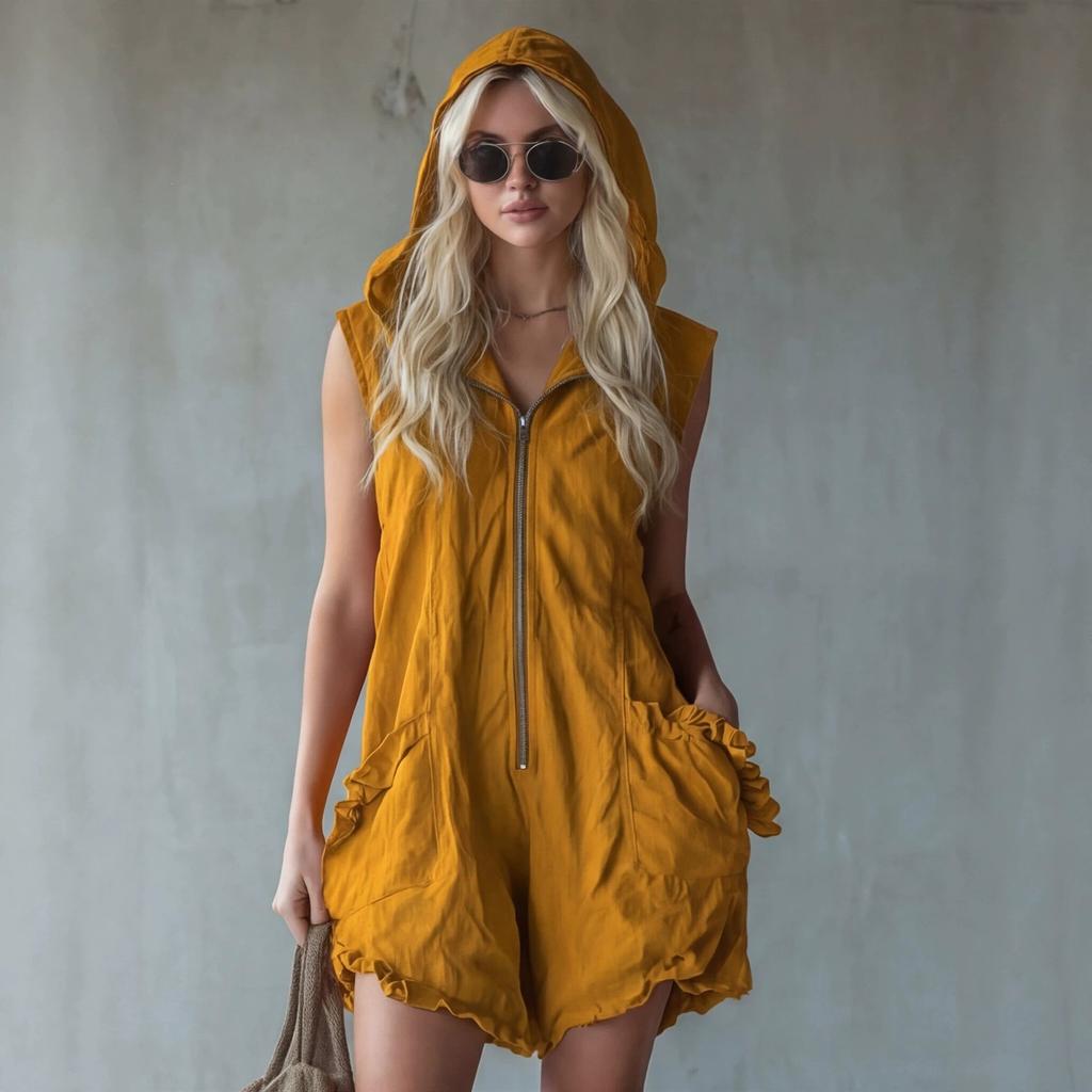 New European and American women's independent station new retro style hooded zipper sleeveless imitation cotton and linen jumpsuit