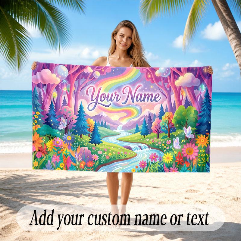 Mushroom Forest Theme Soft Beach Towel Personalized Custom Name Text Towel Portable for Beach Pool Travel