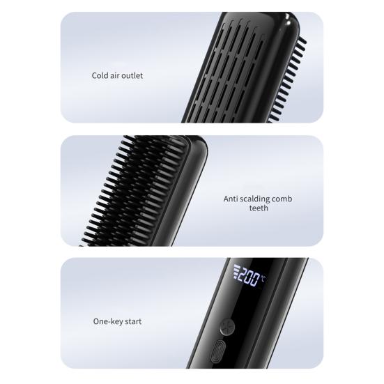 Cordless Hair Straightener Brush LCD Temperature Display Frizz Control Hair Straightening Comb USB Rechargeable Fast Heating Electric Hot Brush