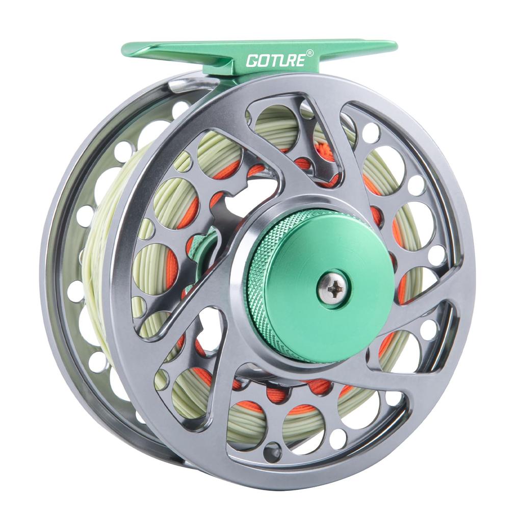GOTURE Fly Fishing CNC Gunmetal Dark Light Green Main Line 4X Leader Line and Orange Extension Line 20LB Lightweight Reel, Machined, + Green, 5/6"