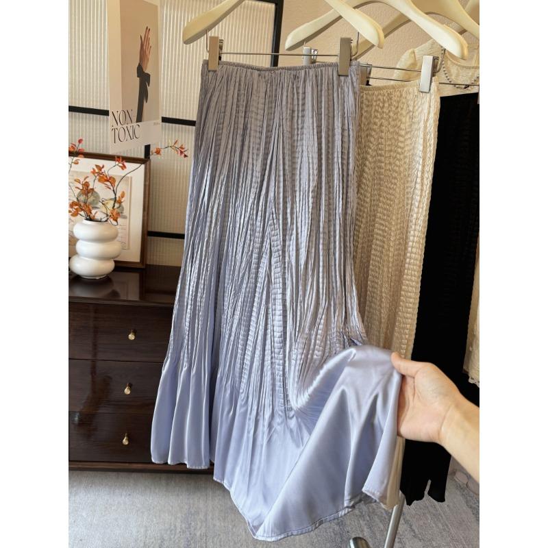 French glossy satin pleated fishtail skirt elegant temperament high waist pleated A-shaped skirt high-end long skirt