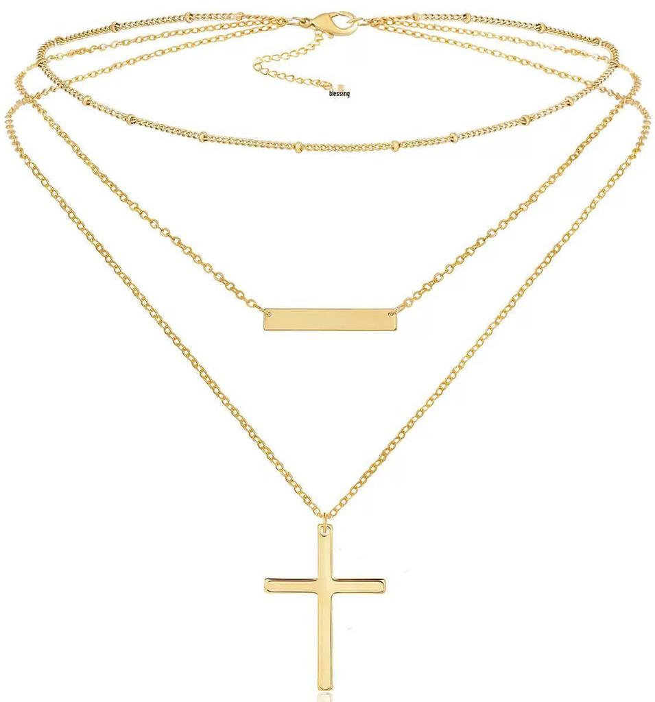 Stainless Steel Double Layer Cross & Bead Necklace for Women