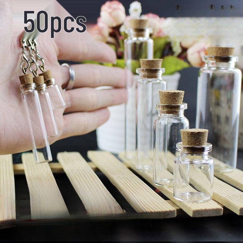 50 Mini Transparent Glass Bottles with Wooden Cork Lids for Sand Art, Wishes, and Gifts