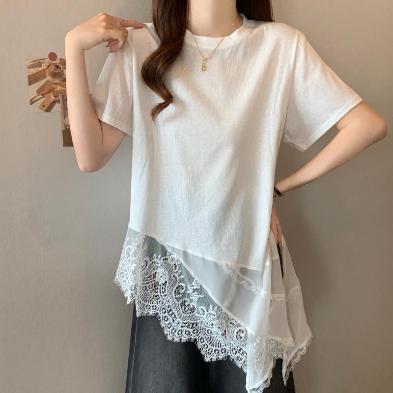 Plus-Size Women s Spliced Lace Irregular Loose T-Shirt for Spring/Summer 4XL белый