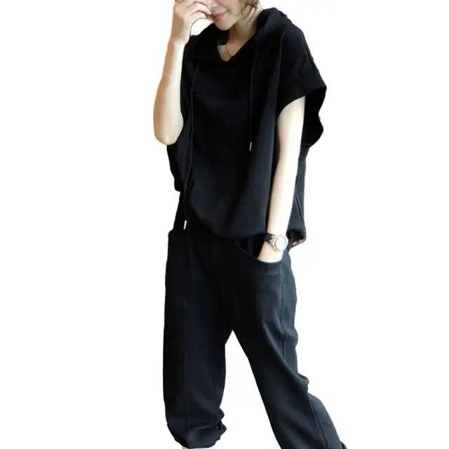 

Женская спортивная одежда, стильная толстовка с капюшоном из 2 предметов, комплект брюк на шнурке, сплошной цвет с короткими рукавами и эластичными карманами на талии для женщин S чёрный