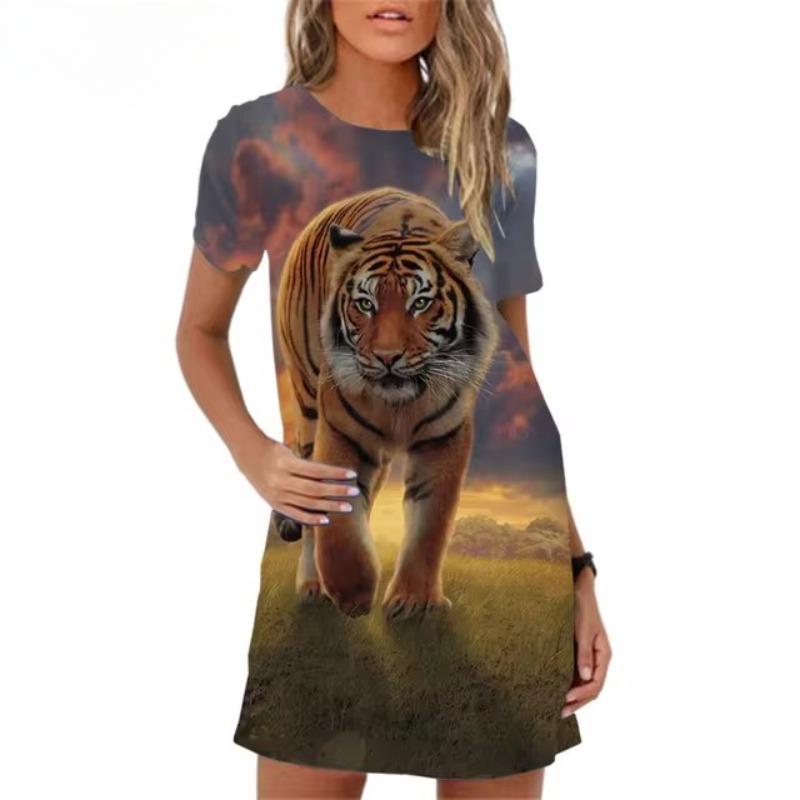 

Платья с тигровым принтом для женщин, повседневное винтажное платье с 3D-принтом, женское модное платье с коротким рукавом и большими размерами, летняя одежда XL