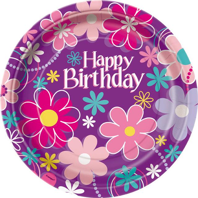 Unique Party Floral Happy Birthday Disposable Plates (Pack of 8)