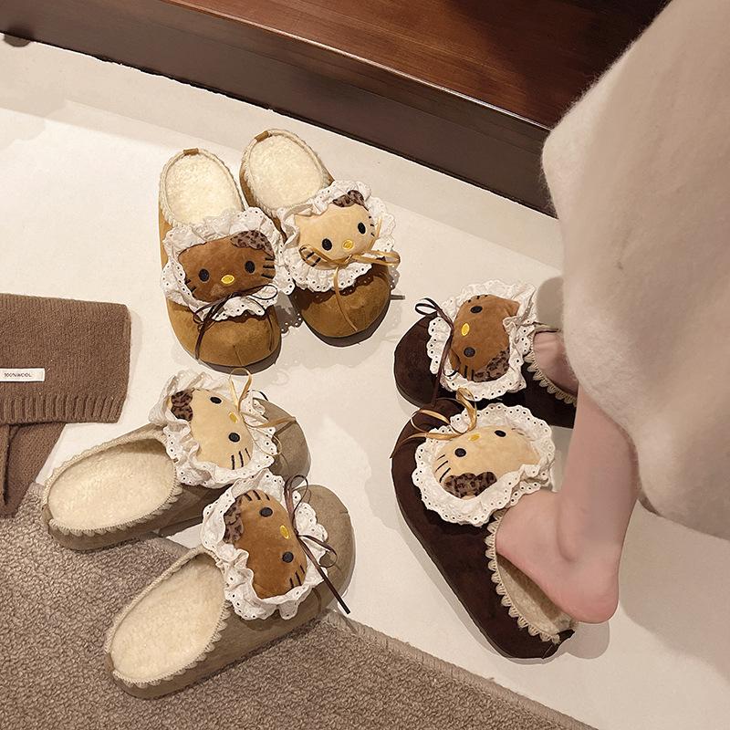 Suede Cute Cartoon Girl Flat-bottomed Slippers Summer and Autumn Kitten Casual Thick-soled One-pedal Bag Head Slippers Tide