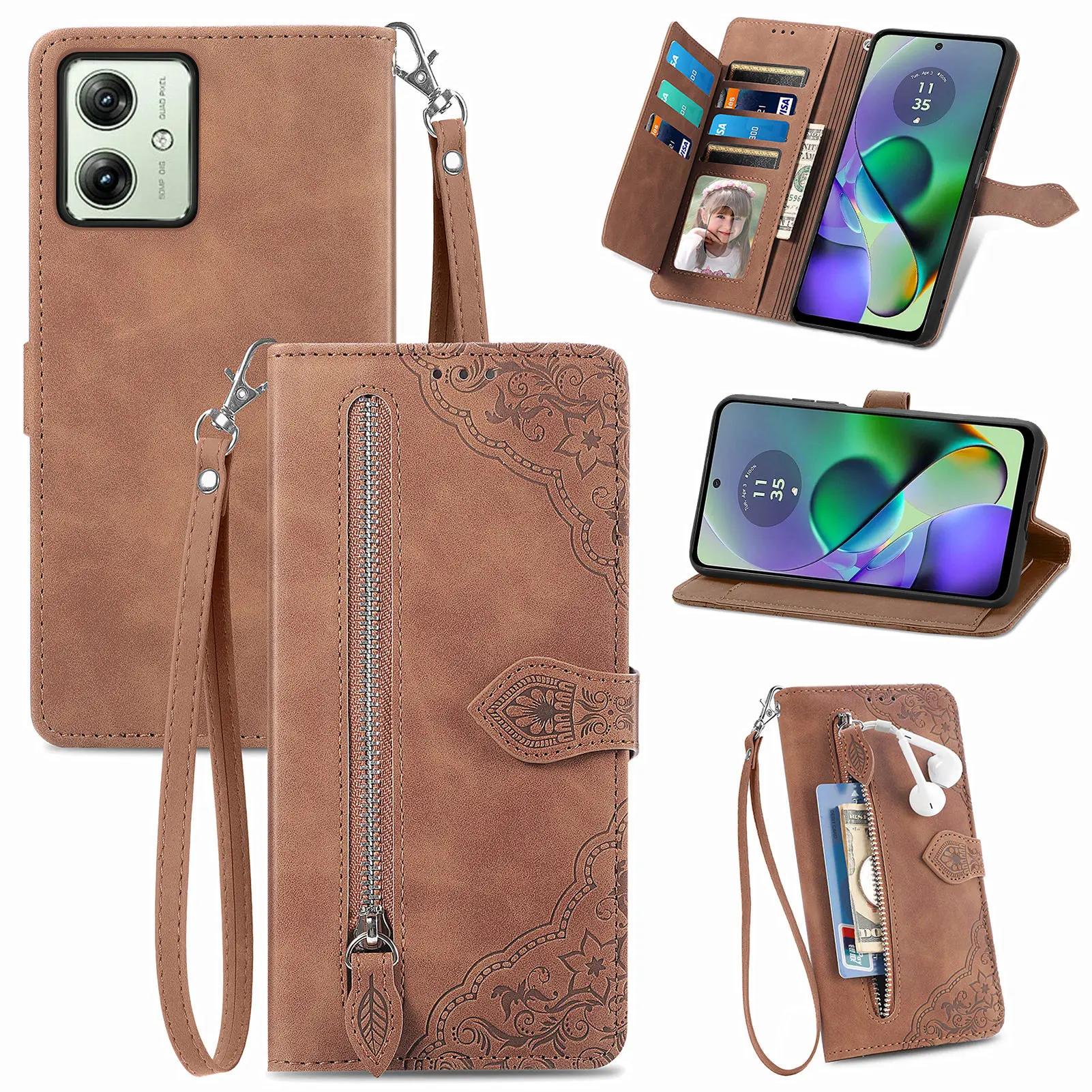 

Zipper Cards Solt Leather Wallet Case for Motorola Moto G84 G54 G73 G53 G23 G72 G32 G60 G42 G52 Purse Pocket Stand Flower Cover For Moto G30 коричневый