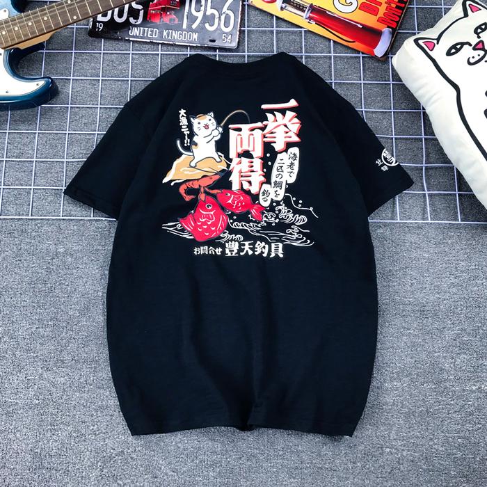 Japanese Tide Brand Fengtian Store Lucky Cat Fishing Carp Printing Pure Cotton Bamboo Cotton Short-sleeved T-shirt Men and Women