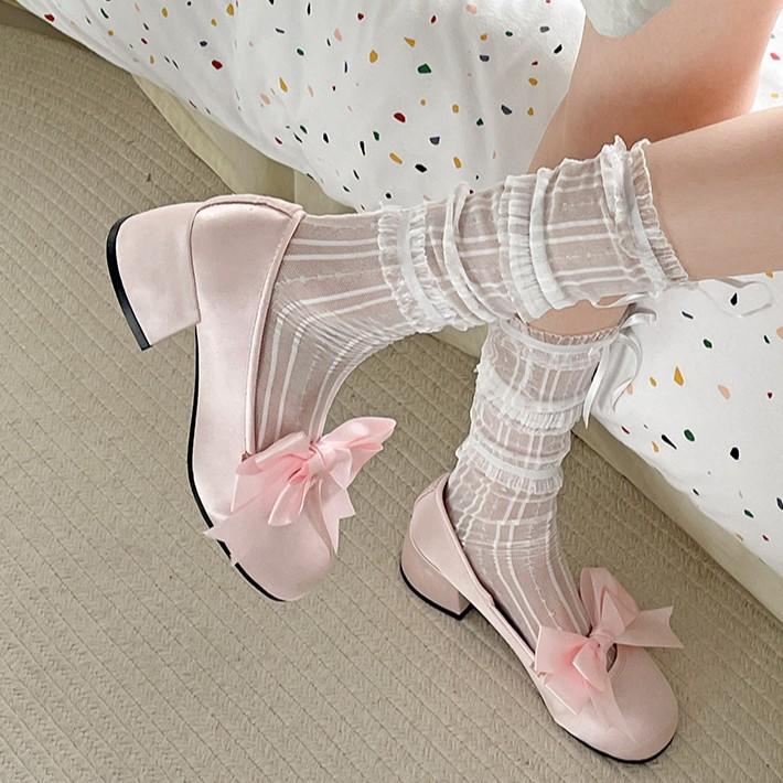 Silver French sweet bow thick sole heightening light mouth single shoes women's spring 2025 skirt Mary Jane shoes