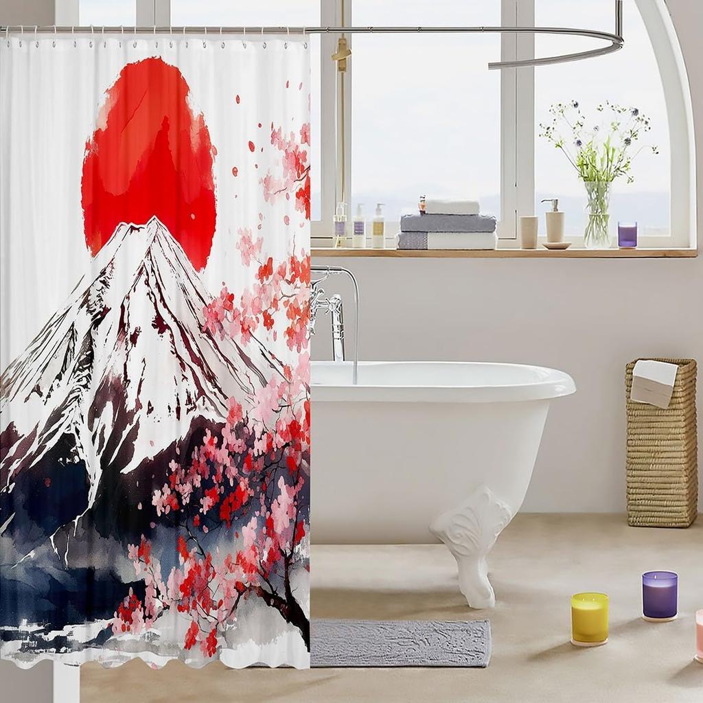 Kids Japanese Style Shower Curtain Japanese Ukiyoe Bathroom Shower Curtain Set Hokusai Exotic Bath Curtain Girls Fuji Mountain