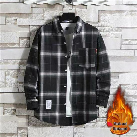 

Men s Slim-Fit Fleece-Lined Plaid Button-Down Shirt - Korean Style Warm Casual Top 2XL