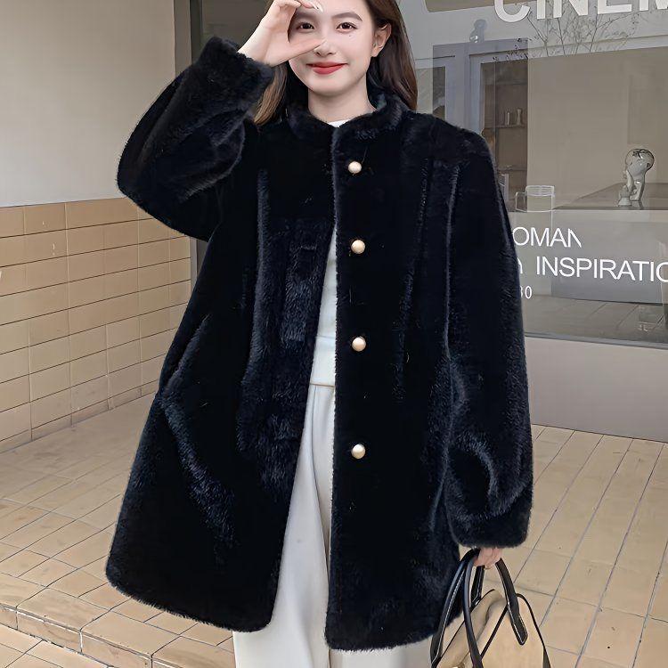 2025 Autumn/Winter Women's Mid-Length Furry Coat with Stand-up Collar - Versatile & Loose Fit