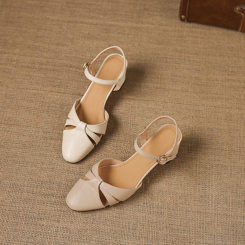 Krazing Pot Sheep Skin Med Heels European Design Summer Size 40 Round Toe Circle Buckle Straps Women Pumps