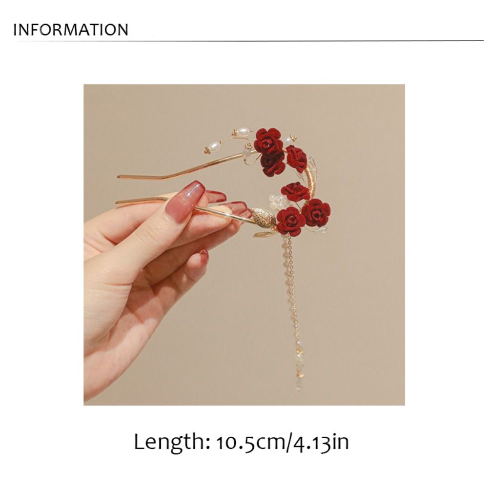 Tassel Rose Hairstick Step Shake U-shape Hairpin Jewelry Flower Hair Clip  Party