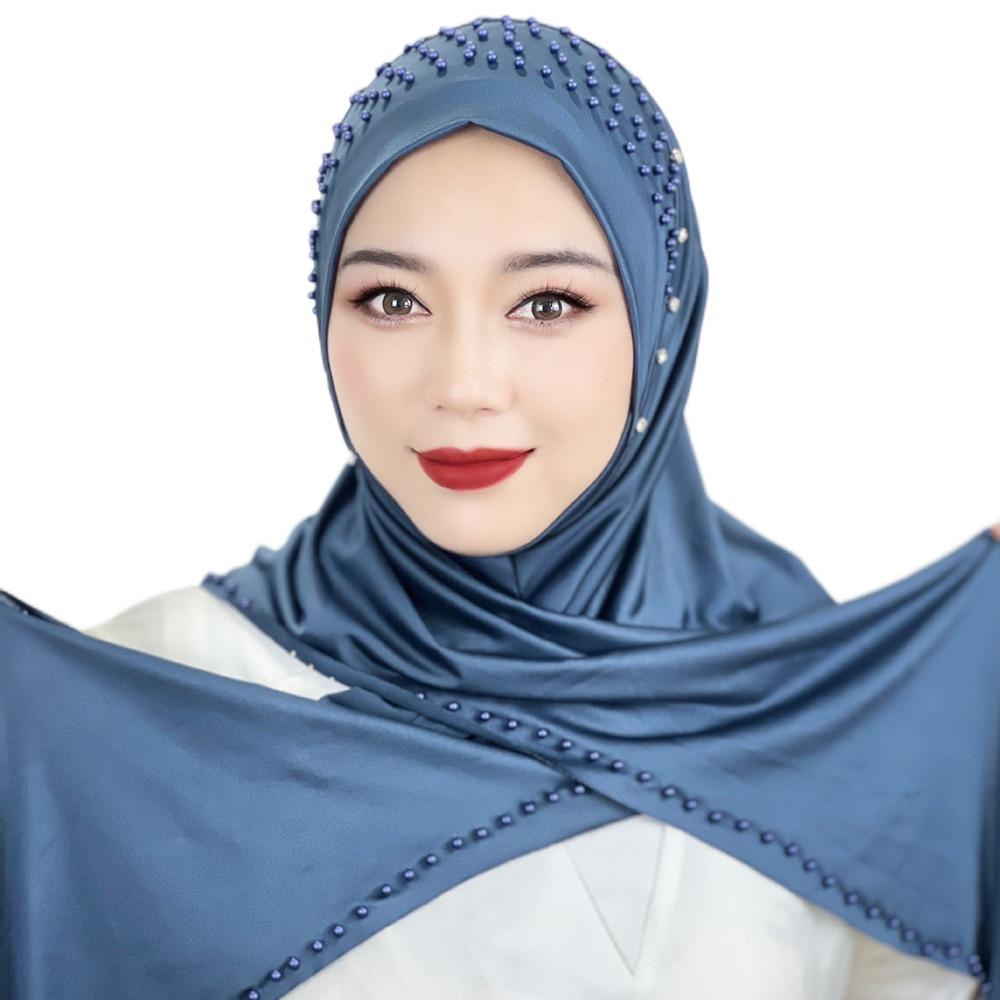 Comfortable Beaded Muslim Hijab Solid Color Full Cover Turkish Head Wrap Scarf Arabic Hijab Hat