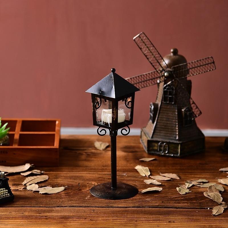 European Retro Wrought Iron Glass Wind Lamp Candle Holder Decoration Creative Wedding Home Decoratio