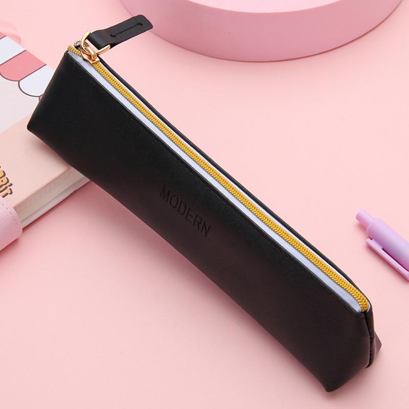 New PU Leather Zipper Pen Pencil Bag Simple Vintage Color Case Storage Pouch for Pens Stationery School Mini Pencils Bag