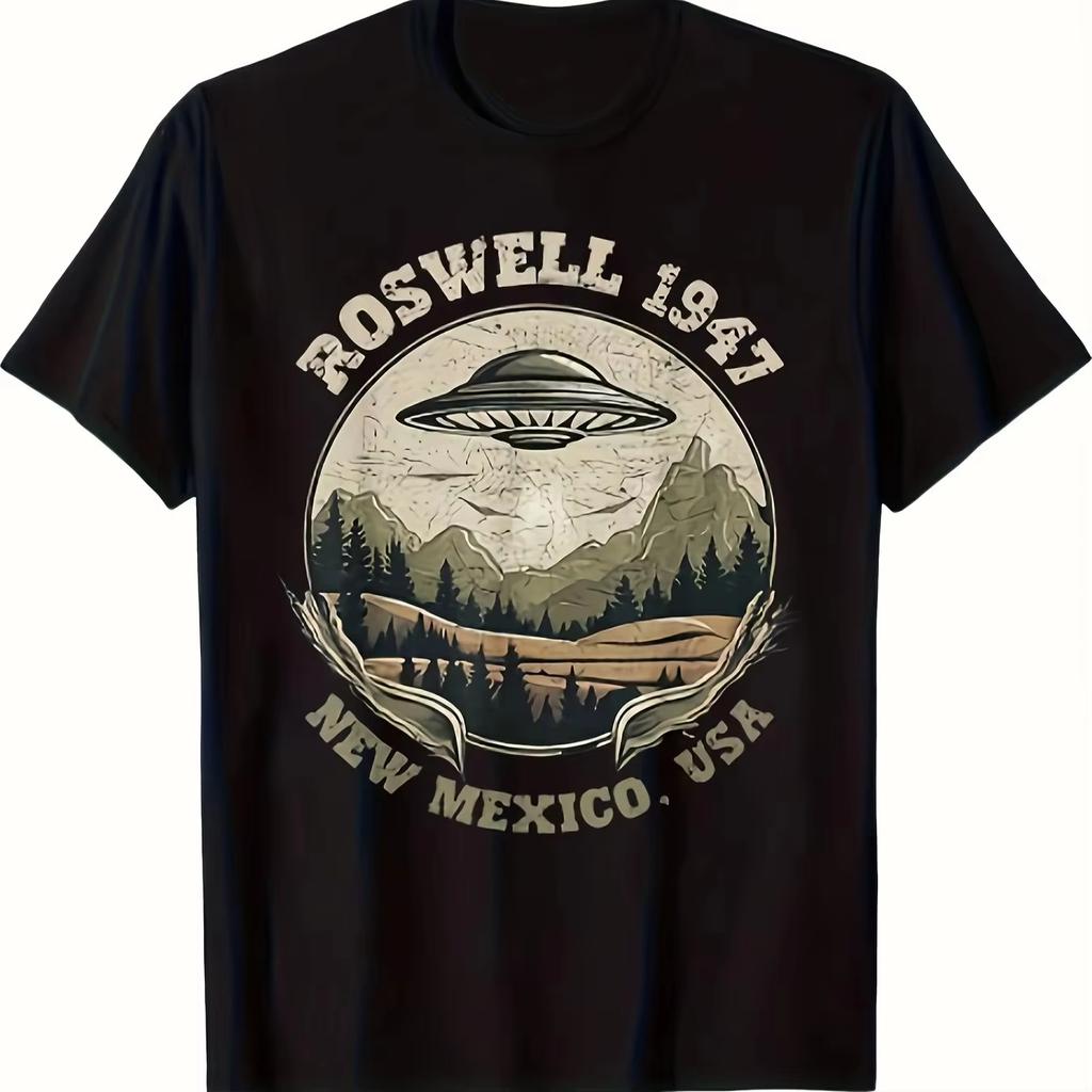 1947 Alien UFO Graphic TShirt Vintage Retro SciFi Design with New Mexico USA 2026 New Text Black Short Sleeve Casual Tee