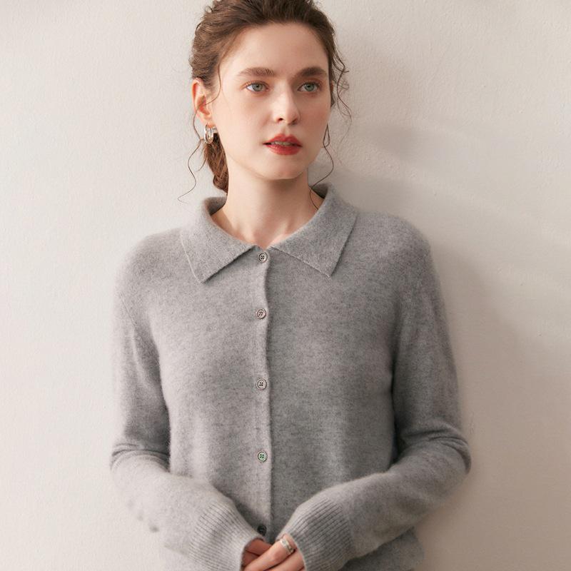 2025 Autumn/Winter Women's Cashmere Polo Collar Long Sleeve Loose Knit Cardigan Sweater