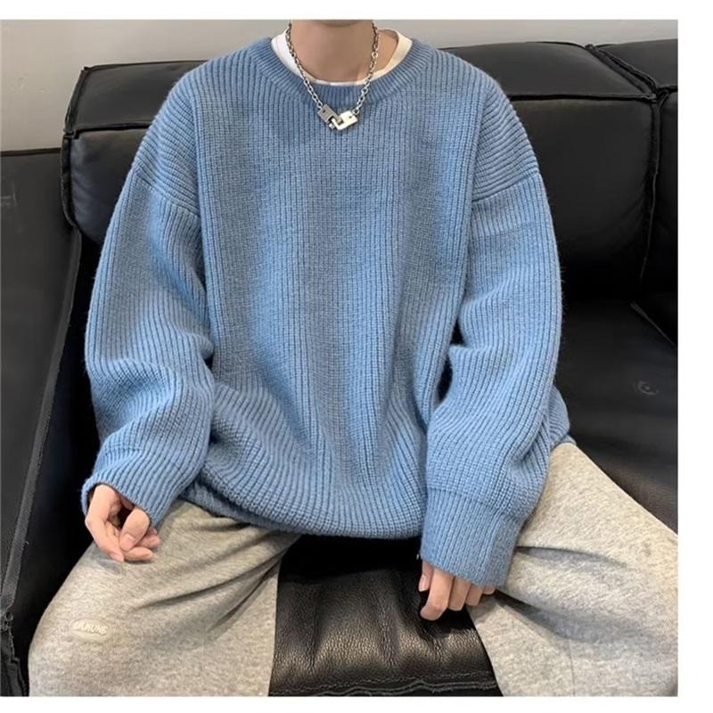 Men's Ribbed Knit Sweater Crew Neck Loose Casual Long Sleeve Jumper