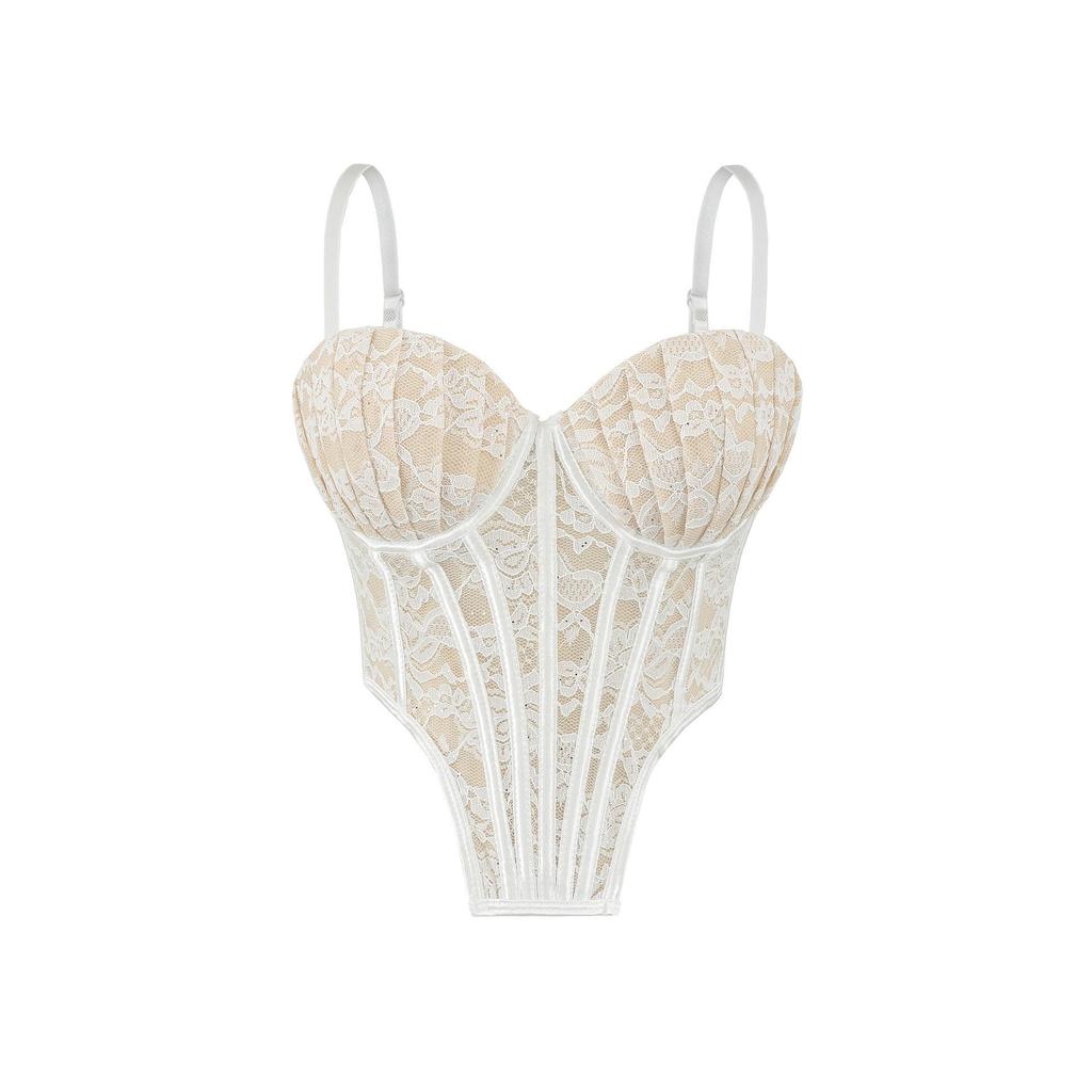 Elegant Lace Mesh Fishbone Spliced Sleeveless Camisole Crop Top for Women