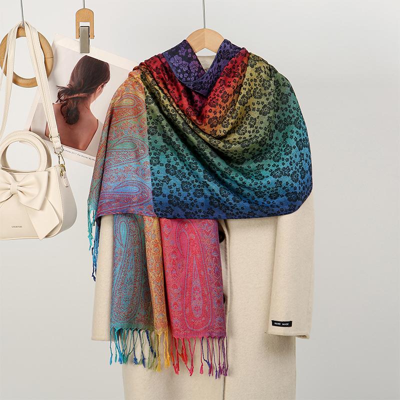 

Macaron Rainbow Colour Winter Pashmina Shawl Thick Paisley Jacquard Scarf Women Travel Windproof Muslim Hijab Wrap Tassel Poncho 70X180cm
