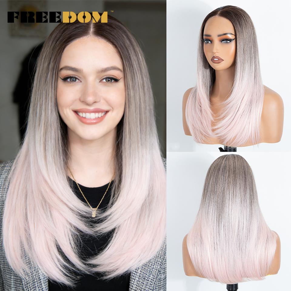 

FREEDOM Layered 13x3 Synthetic Lace Front Wigs For Women 18 Inch Straight Ombre Brown Blonde Lace Wig Pre-plucked Cosplay Wigs (as the picture,18inches)