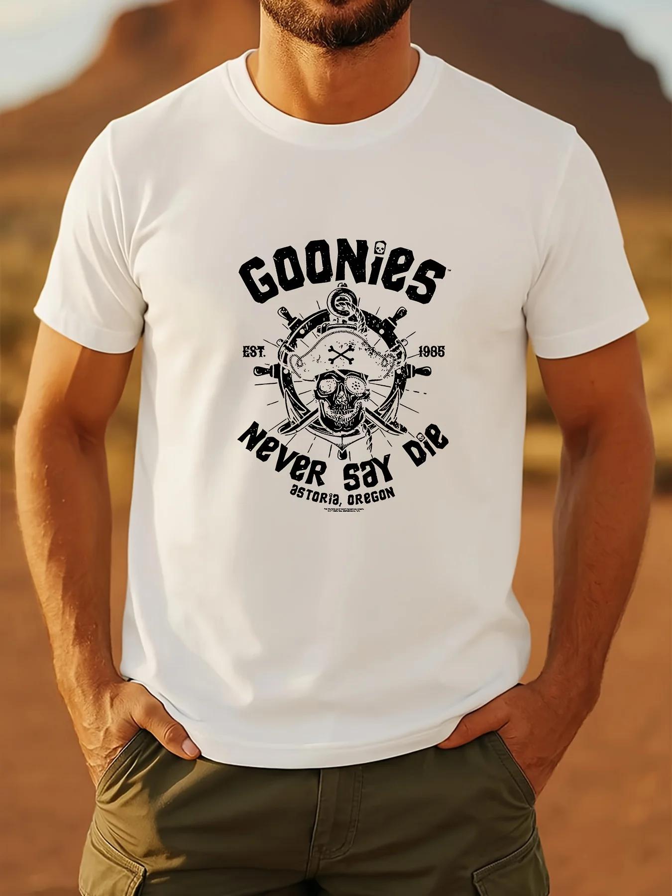 Mens Goonies Never Say Die TShir Graphic Tee Est 1985  Soft Crewneck Shirt for 80s Movie Fans Black Cinema Movie T Shirt S