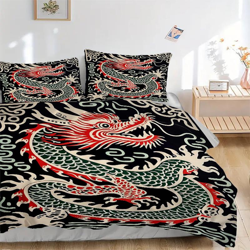 3pcs Chinese Dragon Bedding Set, Including 1 Quilt Cover and 2 Pillow Shams, Without Filling, Soft and Comfortable Home Bedroom Fabric, Fash