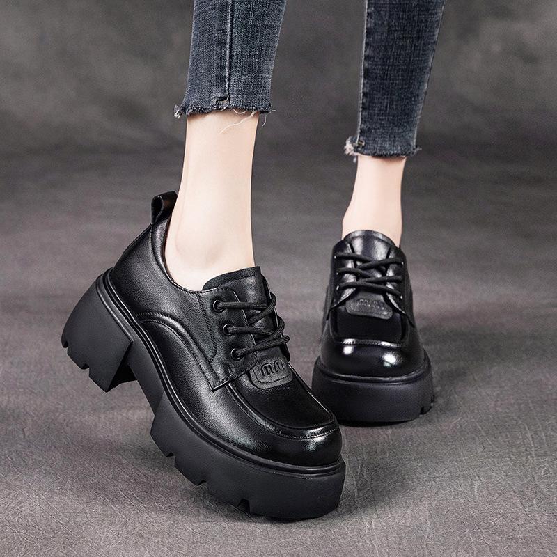 The First Layer of Cowhide Loafers Women's Autumn 2025 New Leather Muffin Thick-soled Retro Lace-up Women's Single Shoes