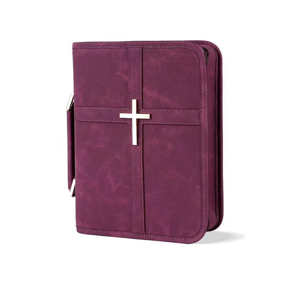 Cross-themed Vegan Leather Bible Cover Dust-proof with Phone Pocket PU Leather Bible Bag Built-in Bookmark Ribbon