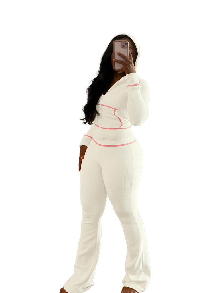 HR24058 Women's Hooded Waffle Texture Raglan Sleeve Flared Casual Set